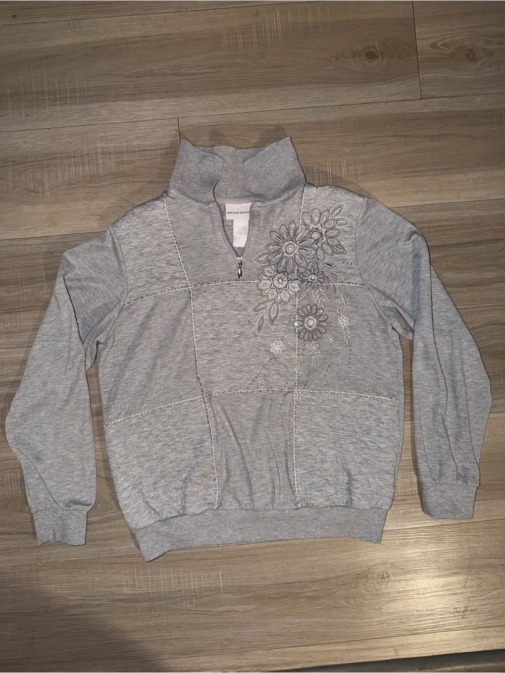 Alfred Dunner Gray Embroidered 1/4 Zip Sweatshirt